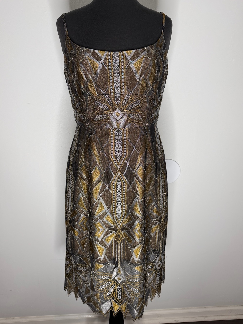 Metallic BCBG Silver & Gold Embroidered Spaghetti Strap Art Deco Dress Size 10